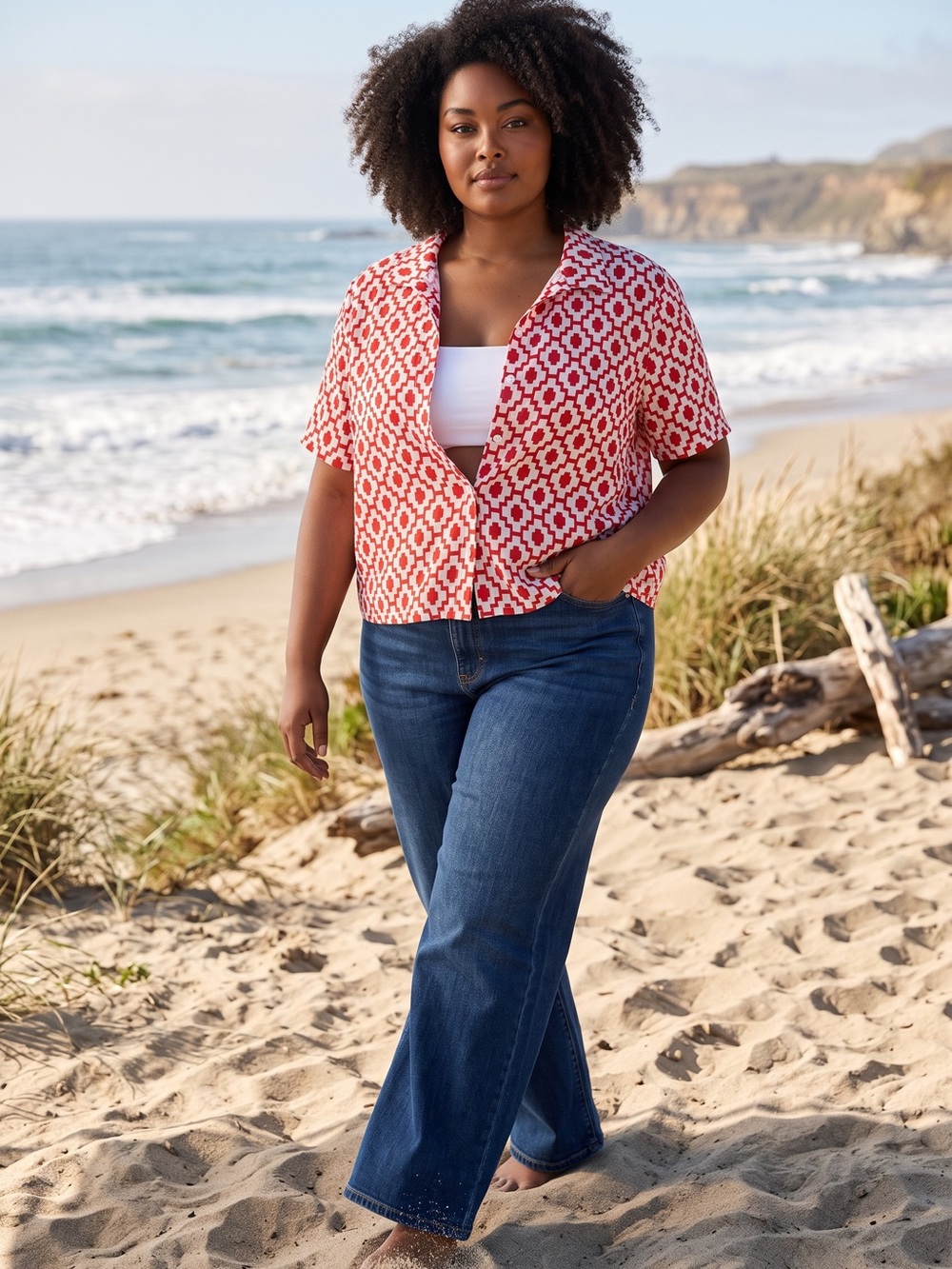 Shade & Shore Geo Print Cropped Button-Up Short Sleeve Cover Up Top